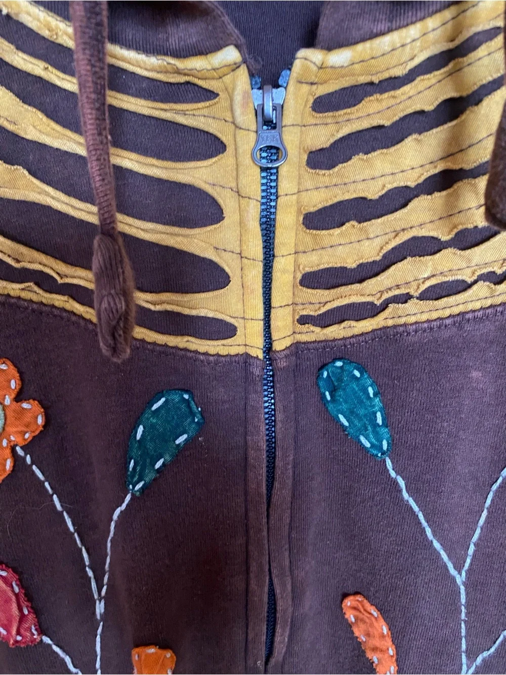 Bohemian Embroidered Hooded Jacket - Brown with Multicolor Floral Accents